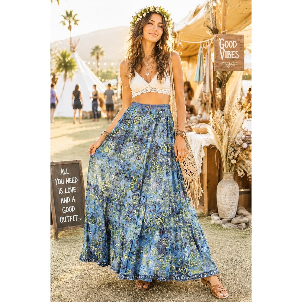 VTG 90s Prairie Chambray Tiered Midi Skirt Jean Cottagecore Festival 12 Tradwife
